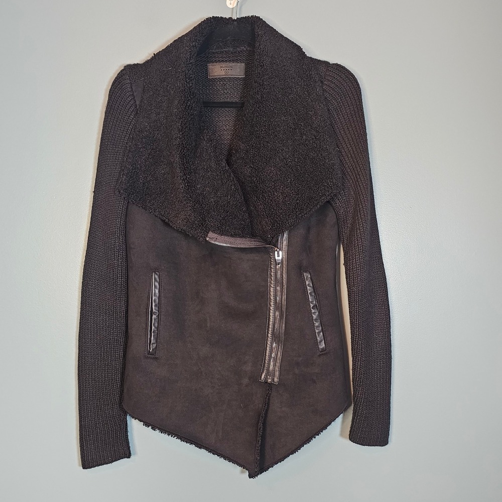 BLANKNYC Women's Black Faux Suede Knit Moto Jacket Asymmetrical Zip Size S